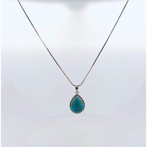 Vintage 925 Sterling Silver Turquoise Teardrop Pendant Necklace 20” Estate